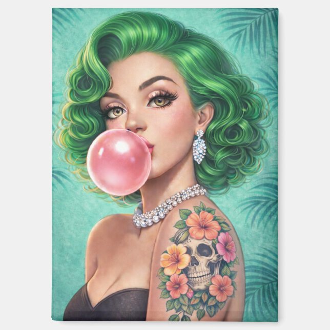 Green-Haired Bubblegum Pin-Up Girl Magnet – Retro  (Vorderseite)