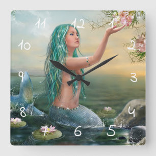 green haired mermaid quadratische wanduhr
