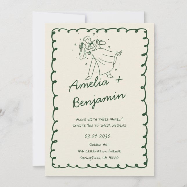 green hand drawn couple Whimsical Wedding  Einladung (Vorderseite)