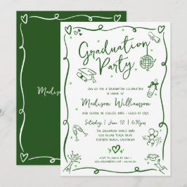 Green Hand Drawn Doodle Graduation Fun White Party Einladung