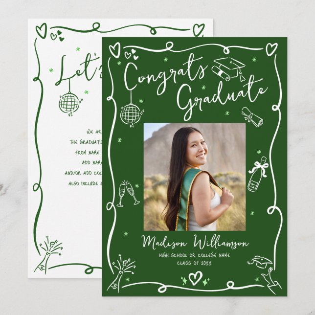 Green Hand Drawn Doodles Graduation Photo Retro Ankündigung (Vorne/Hinten)