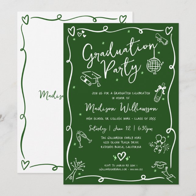 Green Hand Drawn Doodles Style Graduation Party Einladung (Vorne/Hinten)