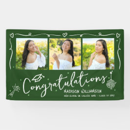 Green Hand Drawn Style Doodles Graduation 3 Photo Banner