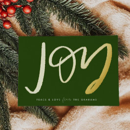Green Hand Lettered Joy Gold Foil Holiday Card Folien Feiertagskarte