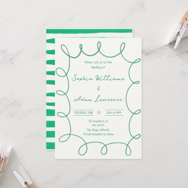 Green Hand Written Pinstripe Whimsical Wedding Einladung (Vorderseite/Rückseite Beispiel)