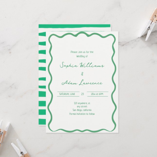 Green Hand Written Pinstripes Whimsical Wedding Einladung (Vorderseite/Rückseite Beispiel)