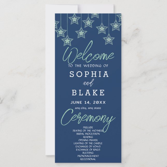 Green Hanging Stars Dark Blue Wedding Program (Vorderseite)