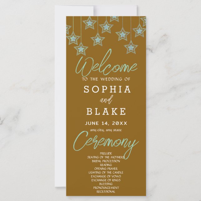 Green Hanging Stars Dark Gold Wedding Program (Vorderseite)