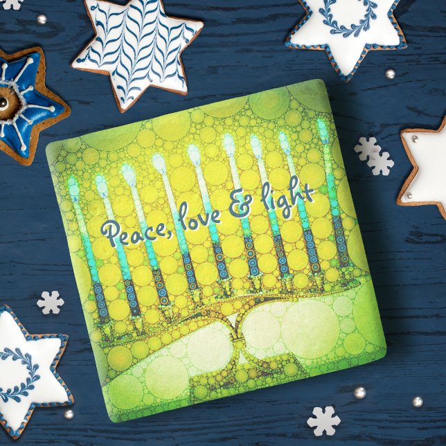 Green Hanukkah Menorah Peace Liebe Script Steinuntersetzer (Von Creator hochgeladen)