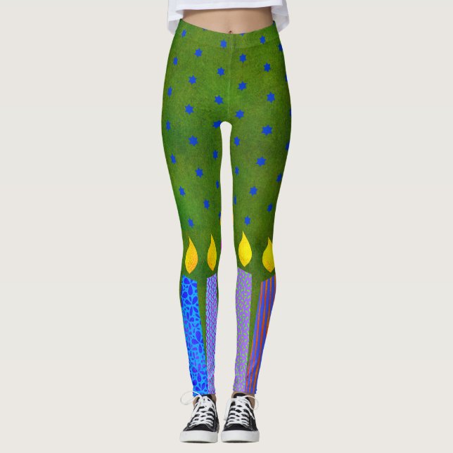 Green Hanukkah Muster Candles Blue Star von David Leggings (Vorderseite)