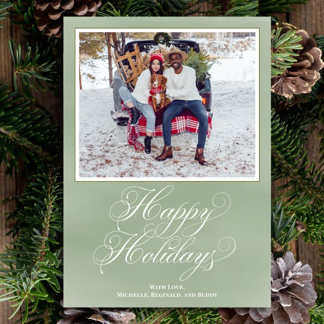 Green Happy Holidays Elegantes Skript Feiertagskarte (Happy Holiday Custom photo card with calligraphy script. )