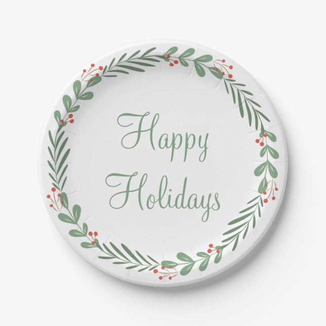 Green Happy Holidays Script Wreath Berry Blätter Pappteller (Vorderseite)