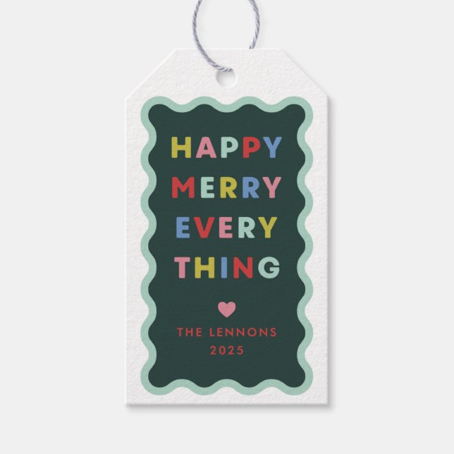 Green Happy Merry Wavy Christmas Gift Tag Geschenkanhänger (Vorderseite)