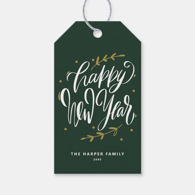 Green Happy New Year Modern Calligraphy Wreath Geschenkanhänger (Vorderseite)