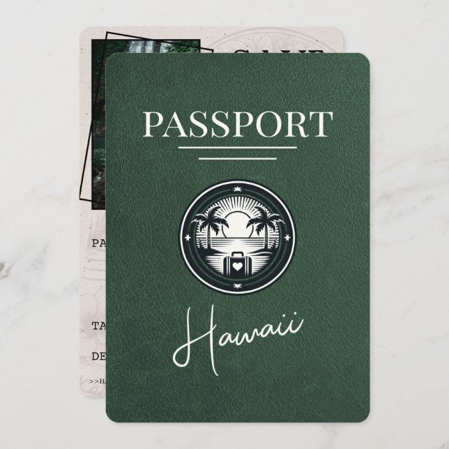 Green Hawaii Passport Save the Date (Vorne/Hinten)