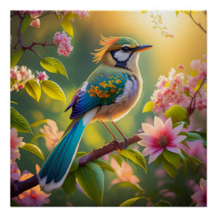 Green Headed Aquamarin Winged Fantasy Bird Poster