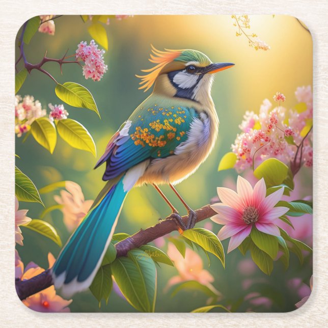 Green Headed Aquamarin Winged Fantasy Bird Rechteckiger Pappuntersetzer (Vorderseite)