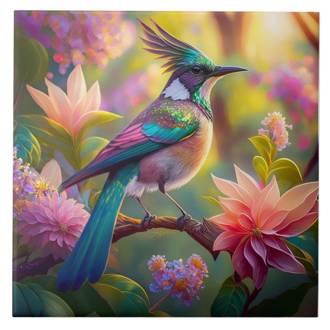 Green Headed Jay Fantasy Bird Fliese (Vorderseite)