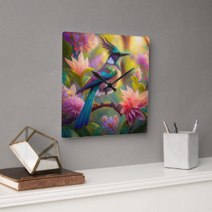 Green Headed Jay Fantasy Bird Quadratische Wanduhr