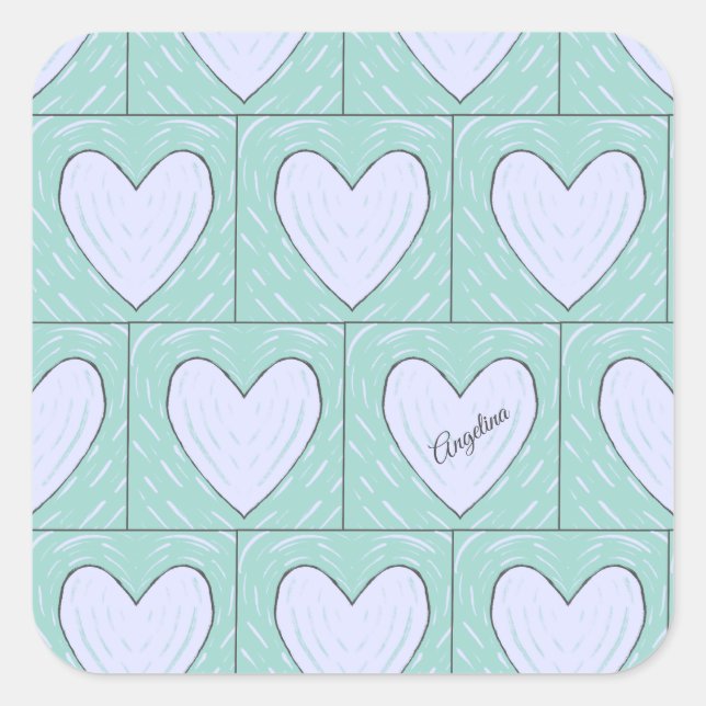 Green Heart Applique Quilt Muster Quadratischer Aufkleber (Vorderseite)