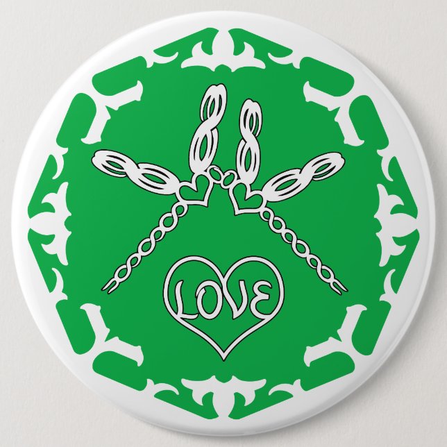 Green Heart Chakra "Love" Dragonflies White BG Button (Vorderseite)