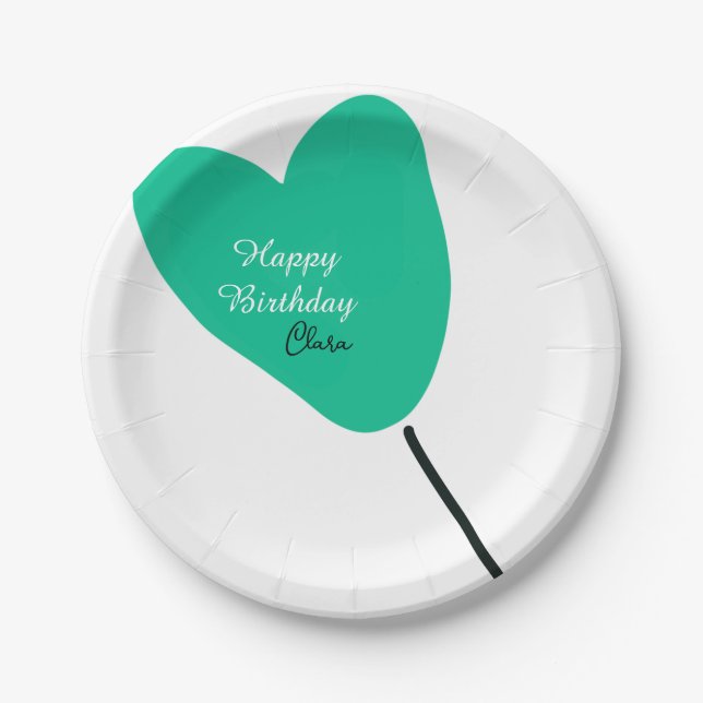 Green heart happy birthday white black balloon kid pappteller (Vorderseite)