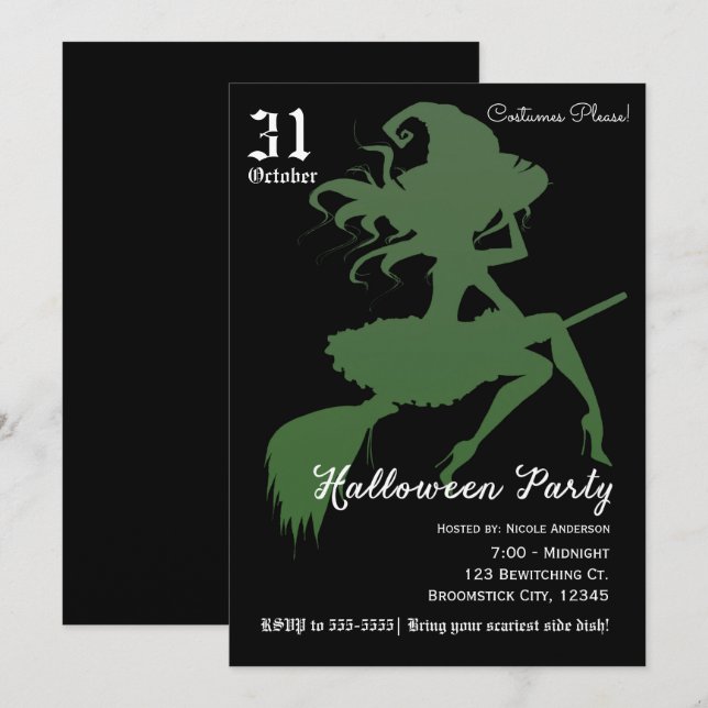 Green Hexe-Flying-Broomstick-Halloween-Party Einladung (Vorne/Hinten)