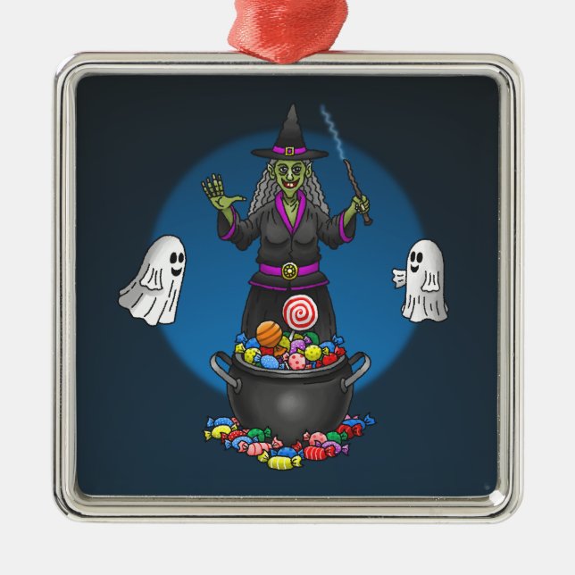 Green Hexe und Ghosts Halloween Trick oder Treat Ornament Aus Metall (Vorne)