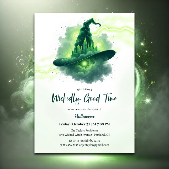 Green Hexenhut Magical Fantasy Halloween Einladung (Wickedly Good Time Halloween Party Invitation – Glowing Green Witch Hat)