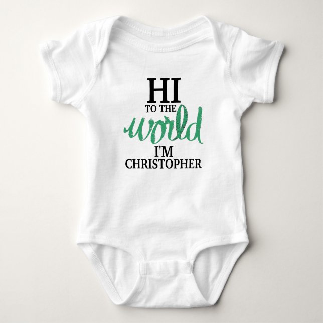Green Hi to World Baby NAME Strampler (Vorderseite)