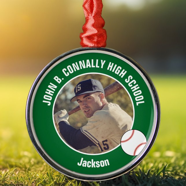 Green High School Baseball Player Photo Christmas Ornament Aus Metall (Von Creator hochgeladen)