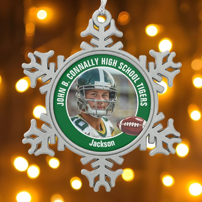 Green High School Football Foto Custom Schneeflocken Zinn-Ornament (Von Creator hochgeladen)