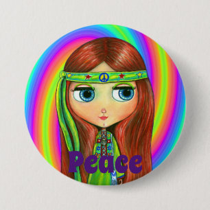 Green Hippie Doll Girl Peace Sign Headband Niedlic Button