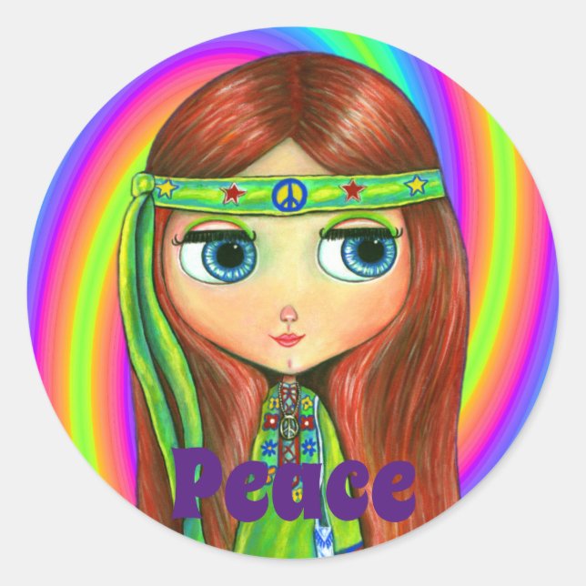 Green Hippie Doll Girl Peace Sign Headband Niedlic Runder Aufkleber (Vorderseite)