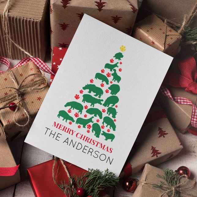 Green Hippo Christmas Tree Red Paw Karte (Von Creator hochgeladen)