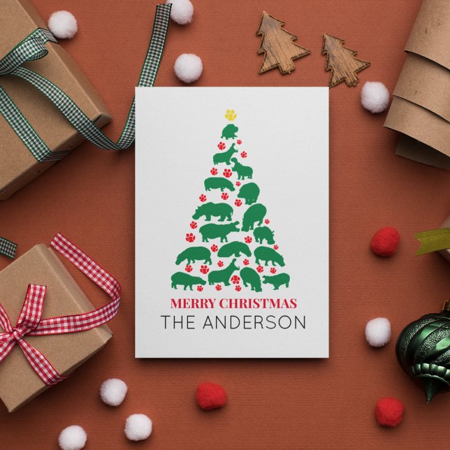 Green Hippo Christmas Tree Red Paw Postkarte (Von Creator hochgeladen)