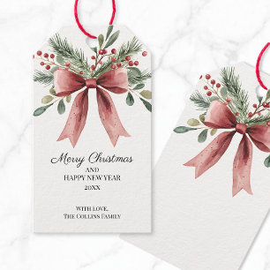Green Holly Berries Watercolor Red Bow Weihnachten Geschenkanhänger