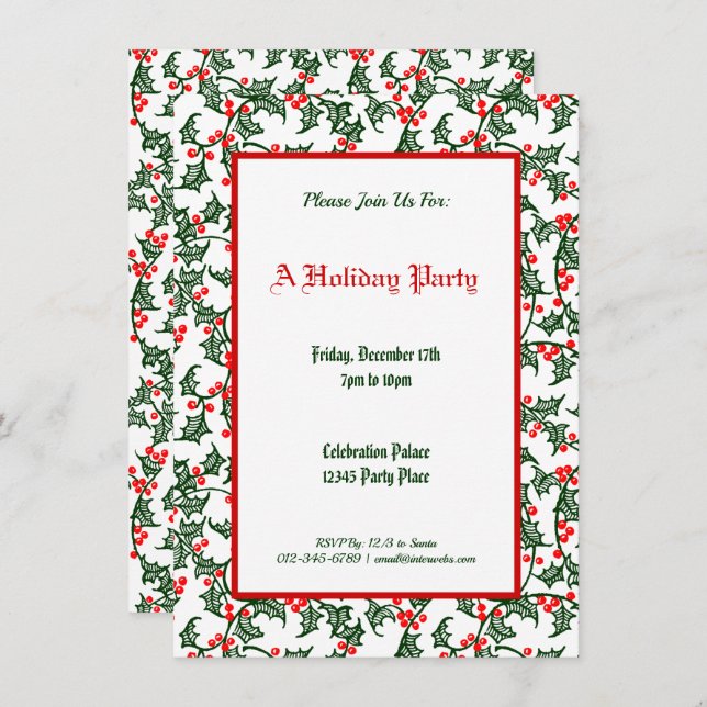Green Holly Pattern Holiday Editable 4.5x6.25" Einladung (Vorne/Hinten)