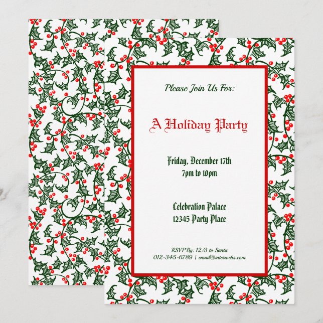 Green Holly Pattern Holiday Party Editable 12x18 Einladung (Vorne/Hinten)