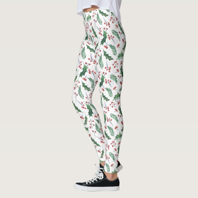 Green Holly Red Berries Holiday Pattern Leggings (Links)