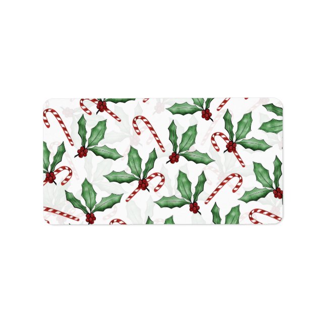 Green Holly Verlasse Red Berries Candy Cane Paint Adressaufkleber (Vorne)