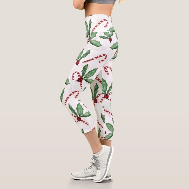 Green Holly Verlasse Red Berries Candy Cane Paint Capri Leggings (Links)