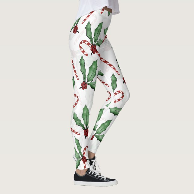 Green Holly Verlasse Red Berries Candy Cane Paint Leggings (Rechts)