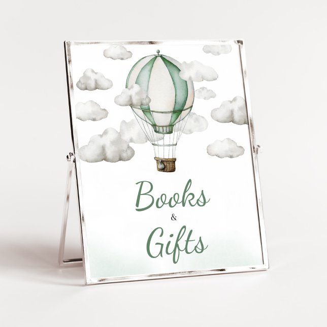 Green Hot Air Ballon Baby Duschbücher und Geschenk Poster (Gender Neutral Travel Baby Shower Books and Gifts Sign)