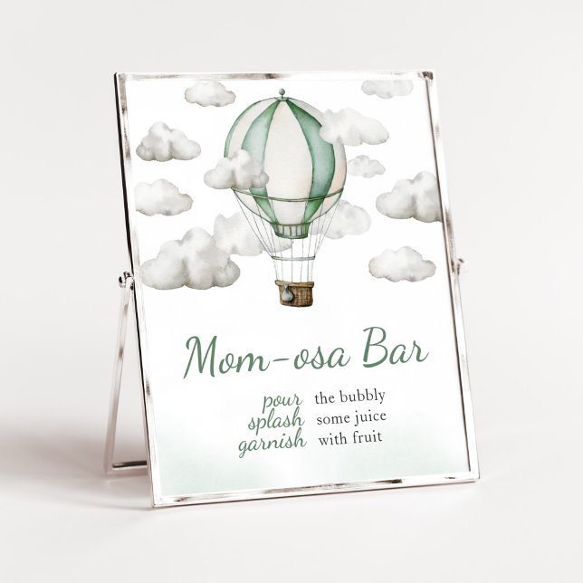Green Hot Air Ballon Baby Dusche Mama Osa Bar Poster (Gender Neutral Travel Baby Shower Mom Osa Bar Sign)