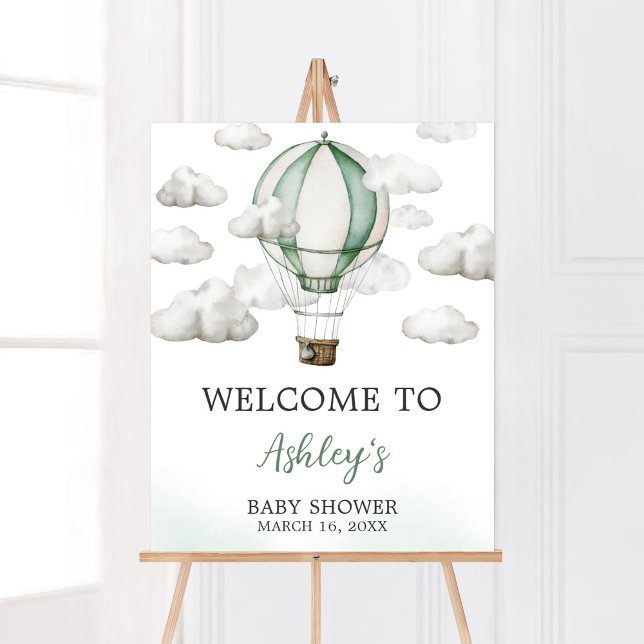 Green Hot Air Ballon Baby Dusche Willkommen Poster (Gender Neutral Travel Baby Shower Welcome Sign)