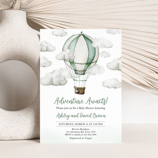Green Hot Air Ballon Babydusche Einladung (Gender Neutral Travel Baby Shower Invitation)