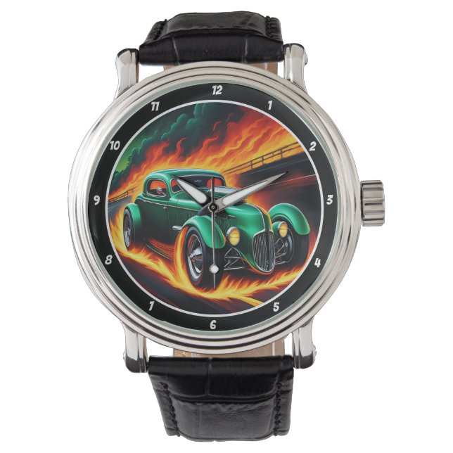Green Hot Rod, Fiery Road  Armbanduhr (Vorderseite)