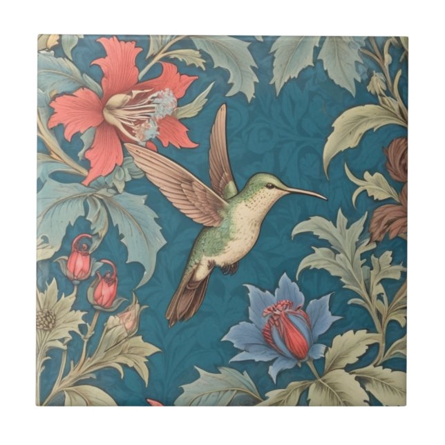 Green Hummingbird Bird William Morris Stil Fliese (Vorderseite)