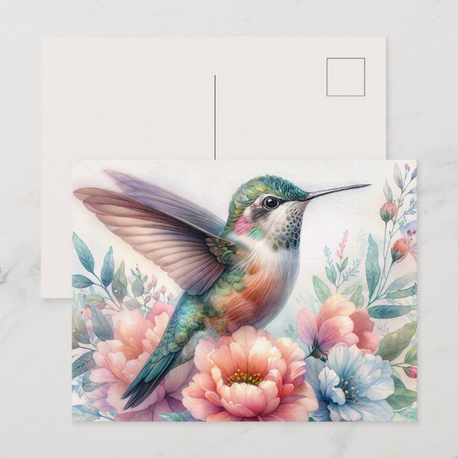 Green Hummingbird Floral Watercolor Postcard Postkarte (Vorne/Hinten)